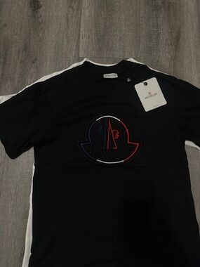 Moncler Black Short Sleeve Logo Patch Tee with Tricolor Accent